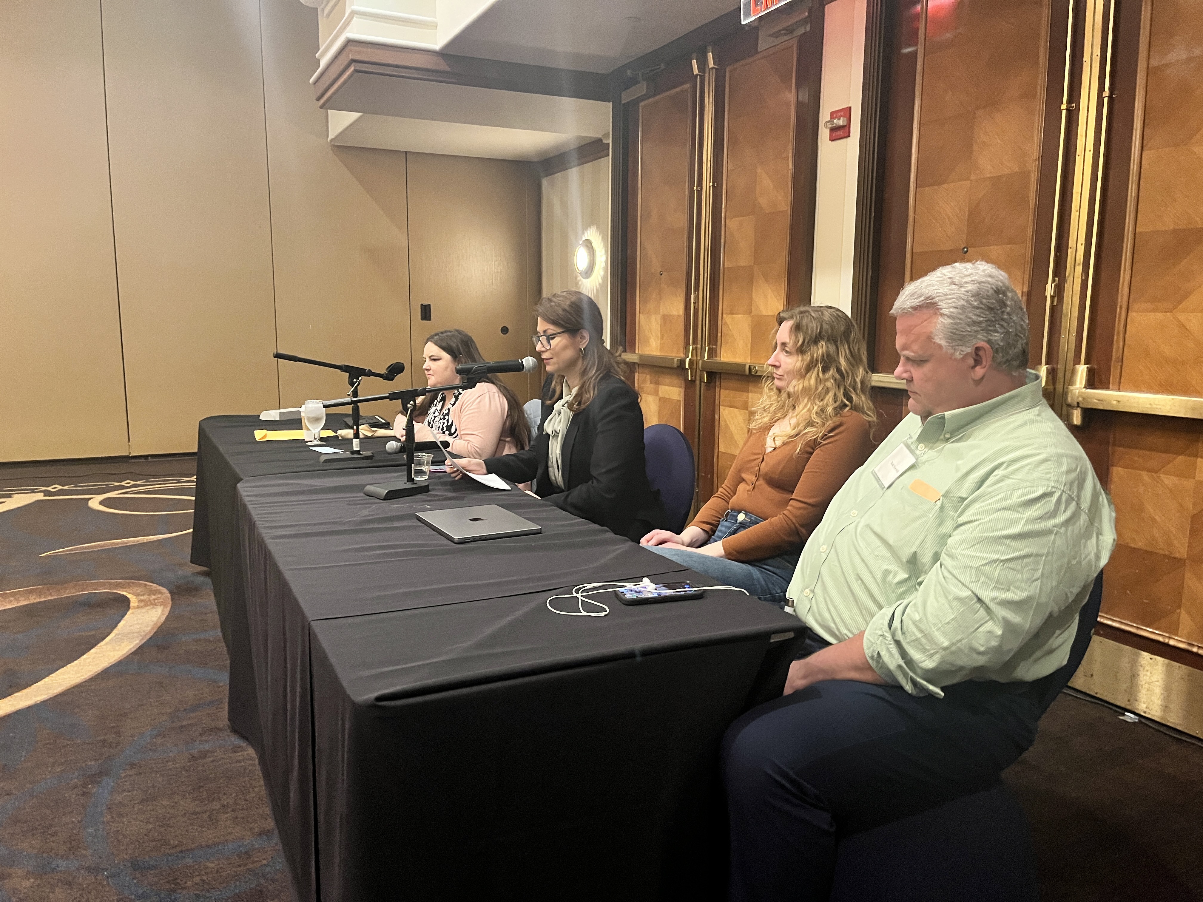 Sponsor panel for the Legislative Seminar for ACB's 2025 D.C. Leadership Conference. From left to right: ACB's Director of Advocacy and Governmental Affairs Claire Stanley, Waymo's Senior Manager of Federal Policy and Government Affairs Stefania Yanachkov, Uber's Head of Global Accessibility and Policy Briana Gilmore, and ACB's Executive Director Scott Thornhill